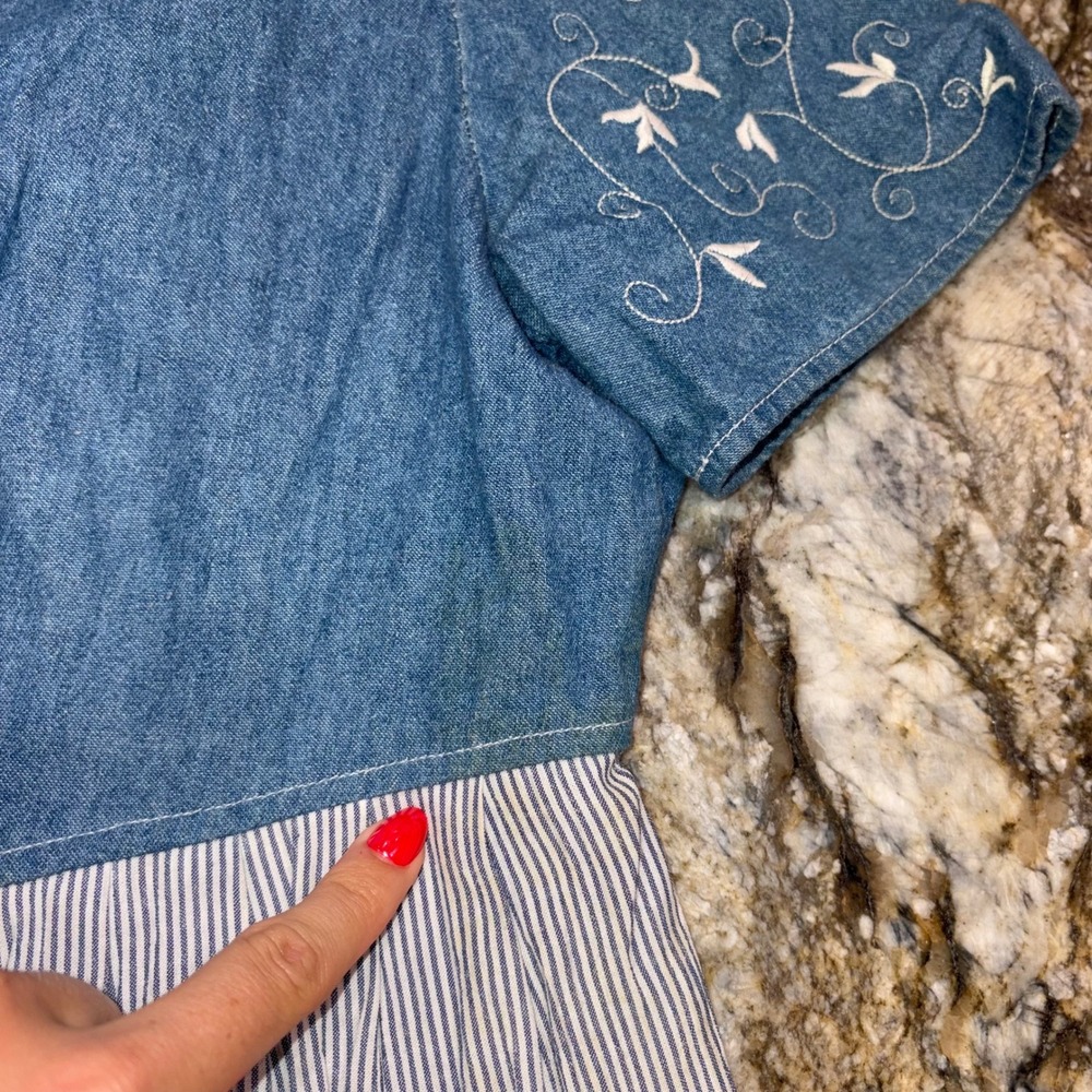 Vintage Embroidered Denim Striped Midi Dress Cottagecore Women 14P Blue - Picture 8 of 12